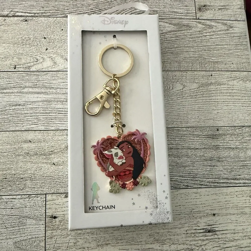 LAROCKS X Disney Moana And Pua Heart Keychain Bag Charm Sparkle Glitter Enamel